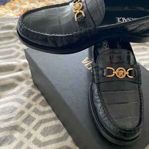 Versace Black Croc-Embossed Leather Slip-On Loafers with Gold Medallion